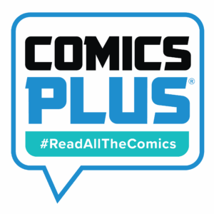 The Comics Plus logo in a speech bubble with the hashtag “#ReadAllTheComics.”