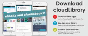 Promotional graphic showing smartphones displaying the cloudLibrary app with steps for downloading, logging in, and accessing digital materials.