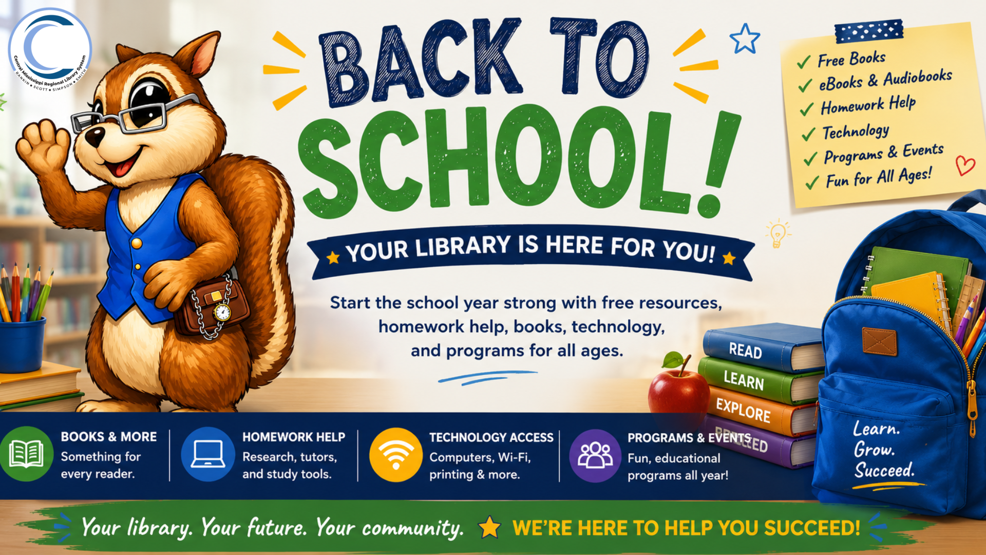 Squirrel wearing glasses and a blue vest is waving with backpack and books for Back to School